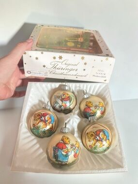 Vintage Thüringer Glass Christmas Ornaments Teddy Bears Set of 5 Boxed GDR